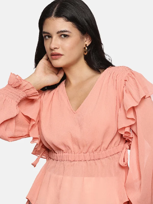 VNeckTopExplorerIS.U Peach V-Neck Smocked Sleeve Top