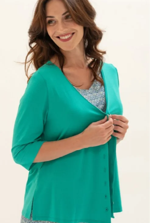 VNeckTopWaveTeal 3/4 Sleeve, V-Neck Top