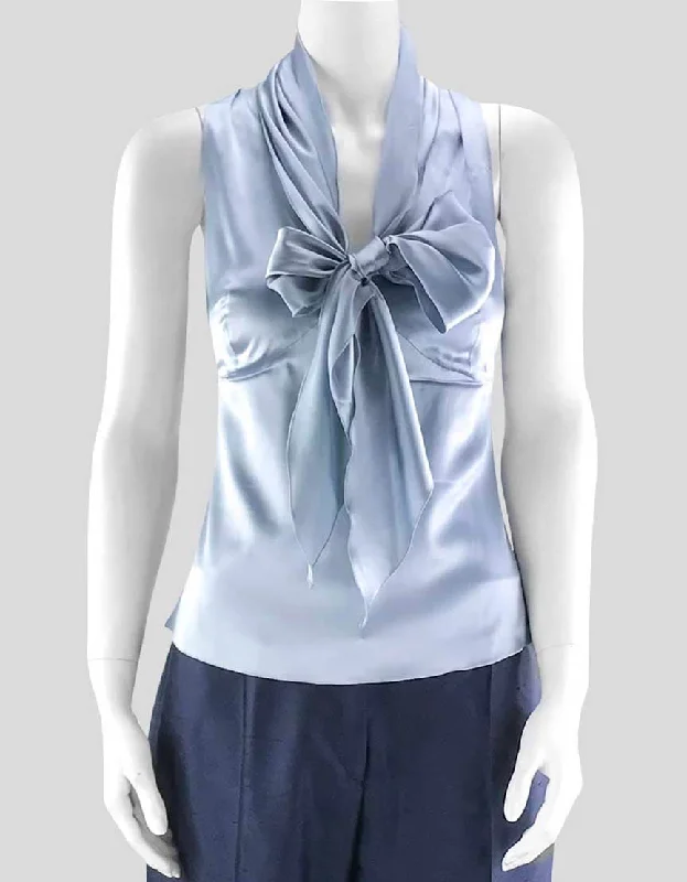 VNeckTopIronArmani Collezioni Sleeveless Silver Blue V-Neck Silk Blouse With Tie At Bust Lined Size 42 It