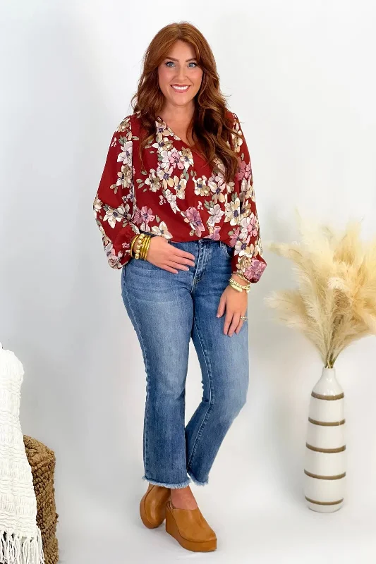 VNeckTopHiveBurgundy Floral V-Neck Long Sleeve Top