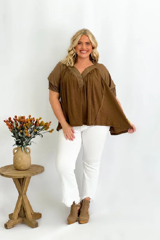 VNeckTopShiftChocolate Collared V-Neck Ruffle Sleeve Top *Final Sale*