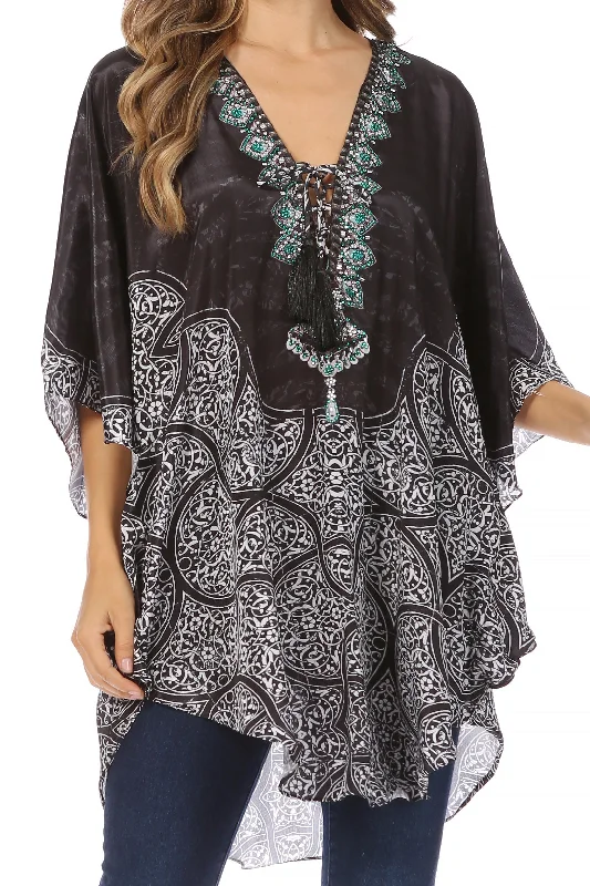 VNeckTopPeakSakkas Tallulah Wide Circle Blouse V Neck Top With Tassle Ties And Rhinestones