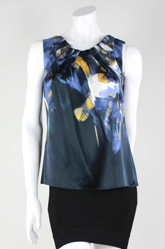 VNeckTopChimeraElie Tahari Blue And Yellow Abstract Print Sleeveless Blouse With Pleated V-Neckline Size's P