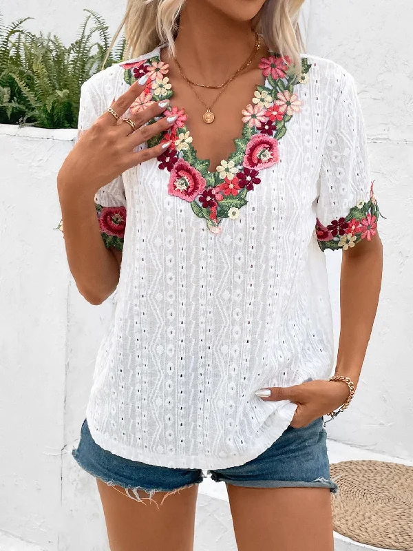 VNeckTopTitanEyelet Embroidered V-Neck Short Sleeve Blouse