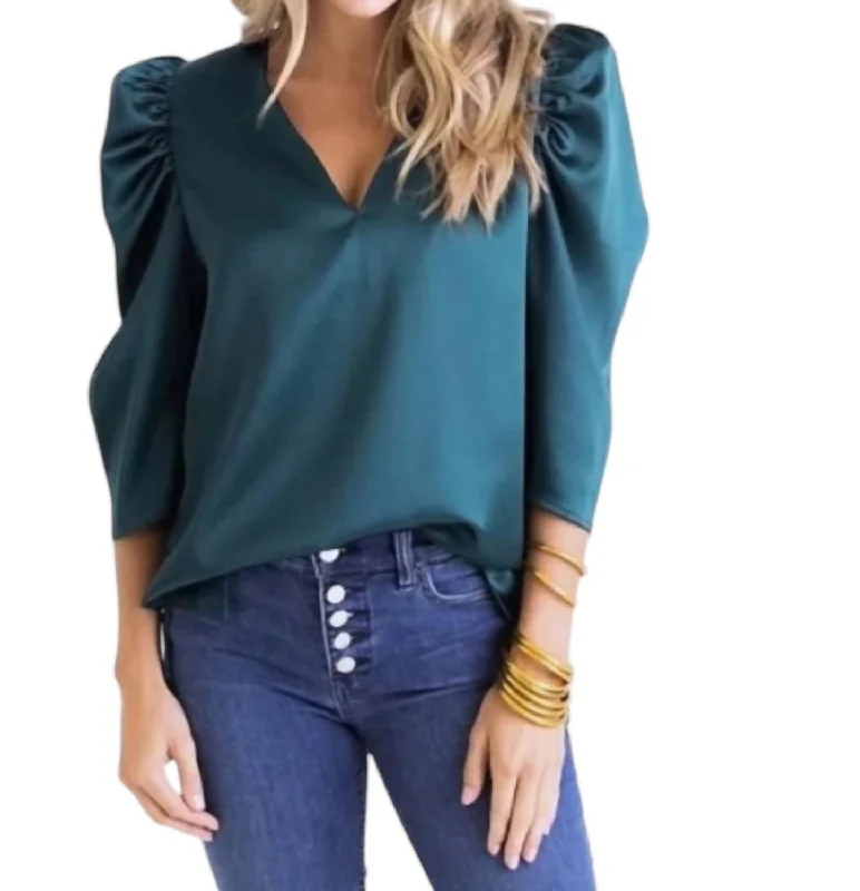 VNeckTopFlexForest V-Neck Puff Sleeve Top In Teal