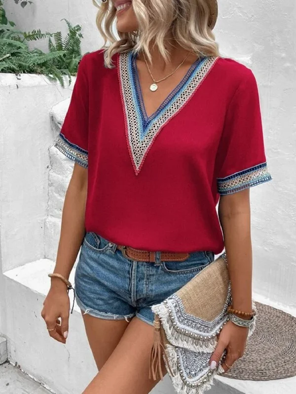 VNeckTopSapphireFull Size V-Neck Short Sleeve Blouse