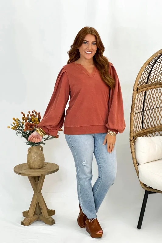 VNeckTopShiftCopper Puff Sleeve V-Neck Sweatshirt