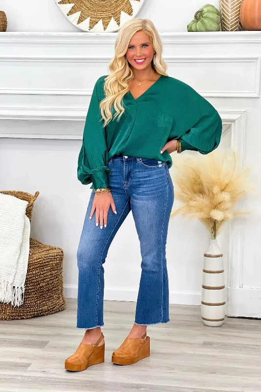 VNeckTopQuasarHunter Green V-Neck Cuff Sleeve Top