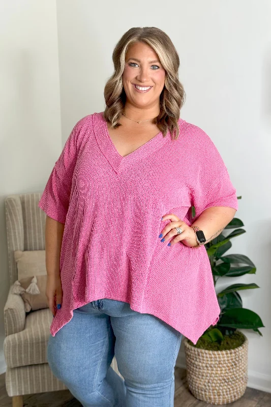 VNeckTopInfinityHot Pink Textured V Neck High Low Top *Final Sale*