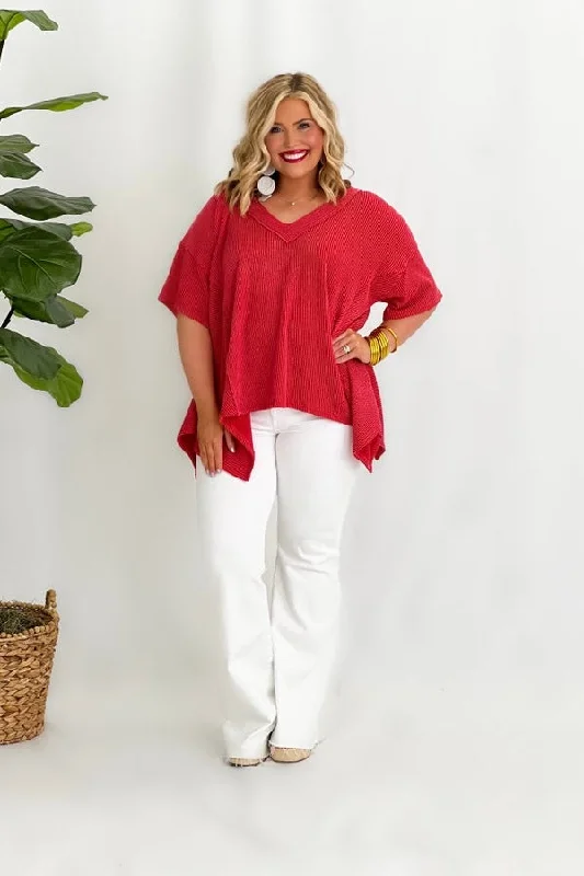 VNeckTopTitanRed Textured V-Neck High Low Top