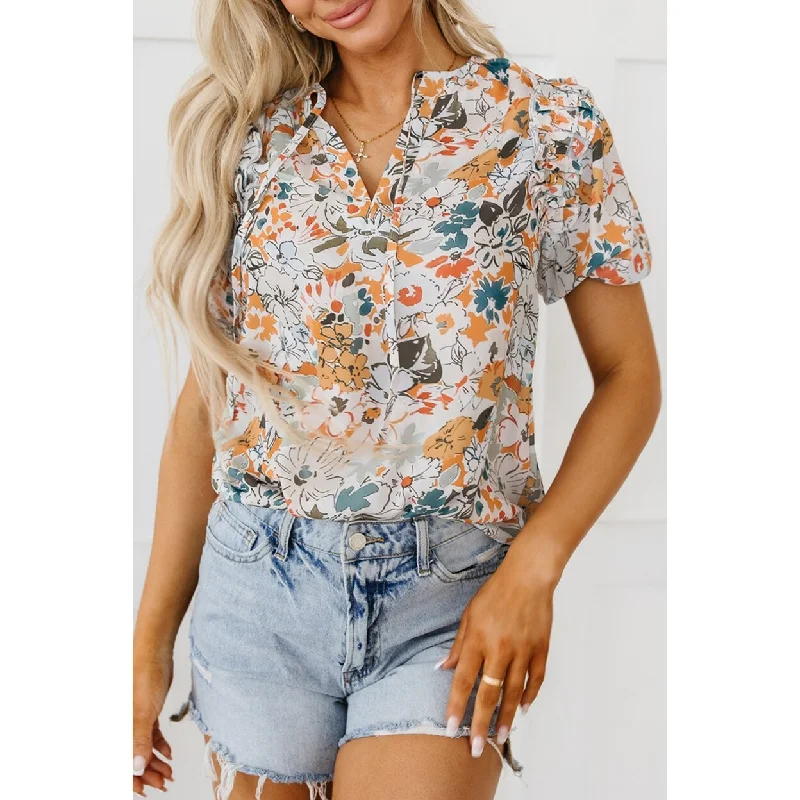 VNeckTopEmeraldMilena Split V Neck Puff Sleeve Flower Print Blouse