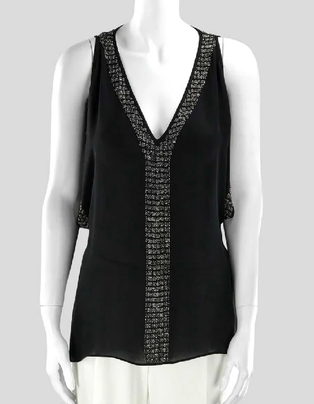 VNeckTopPhoenixParker Women's Open Shoulder Black Silk Evening Blouse Deep V-Neck And Metal Accents Size X-Small