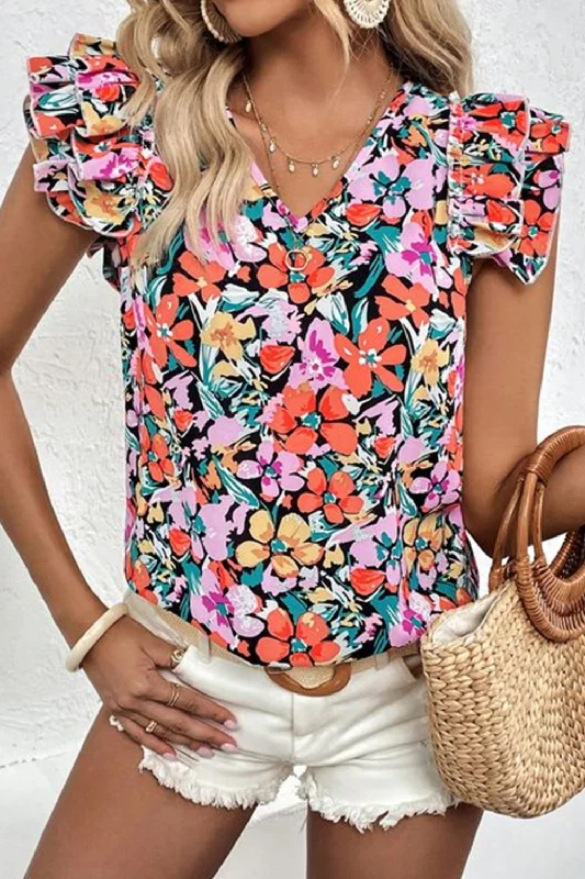 VNeckTopJadeRuffled Printed V-Neck Cap Sleeve Blouse