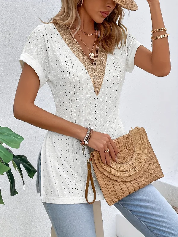 VNeckTopWaveSlit Eyelet V-Neck Short Sleeve Blouse