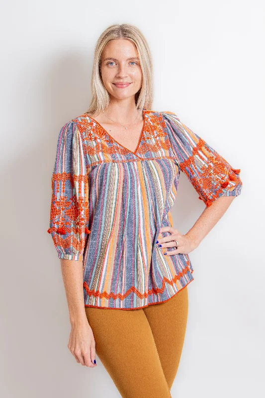 VNeckTopCrystalStriped Puff Sleeve V-Neck Top