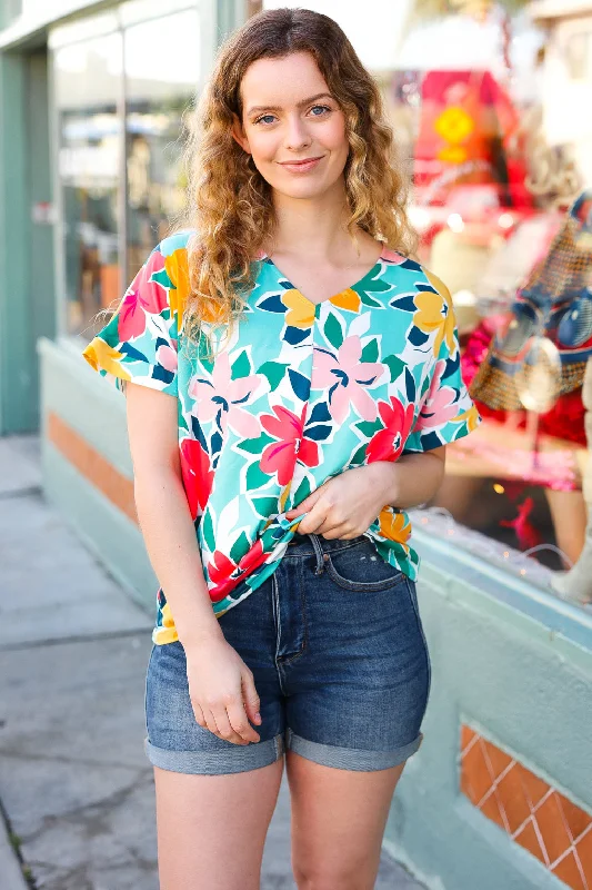 VNeckTopPegasusTeal & Coral Flat Floral V Neck Top