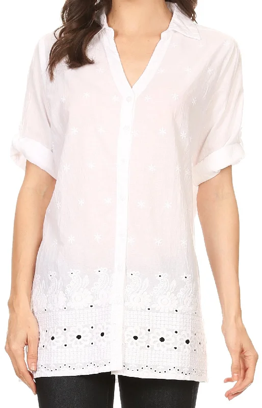 VNeckTopRidgeSakkas Cecilia V-Neck Button Down 3/4 Sleeve Eyelet Shirt