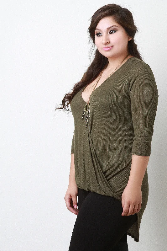 VNeckTopSummitJersey Knit Deep V-Neck Quarter Sleeves Top