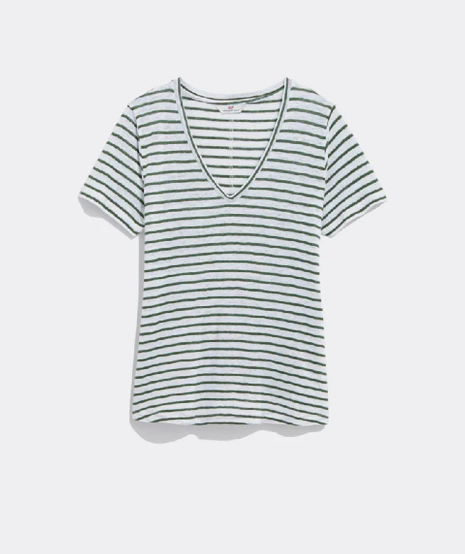 VNeckTopWaveVineyard Vines Women's Straight Hem Linen V-Neck - DV Stripe - Cypress