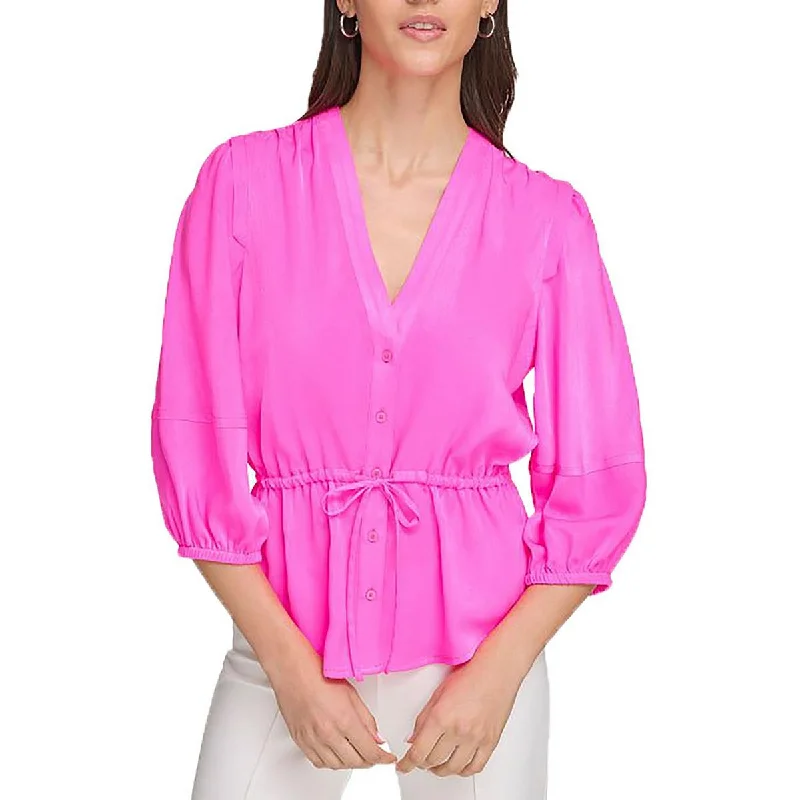 VNeckTopCrestWomens V-Neck Drawstring Button-Down Top