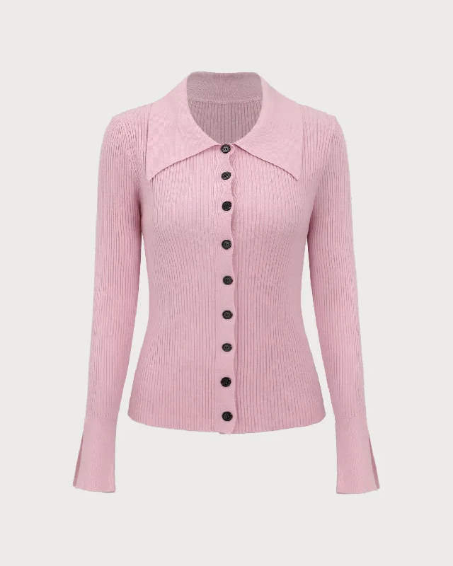 Lace cardiganPink Ribbed Button Slim Cardigan