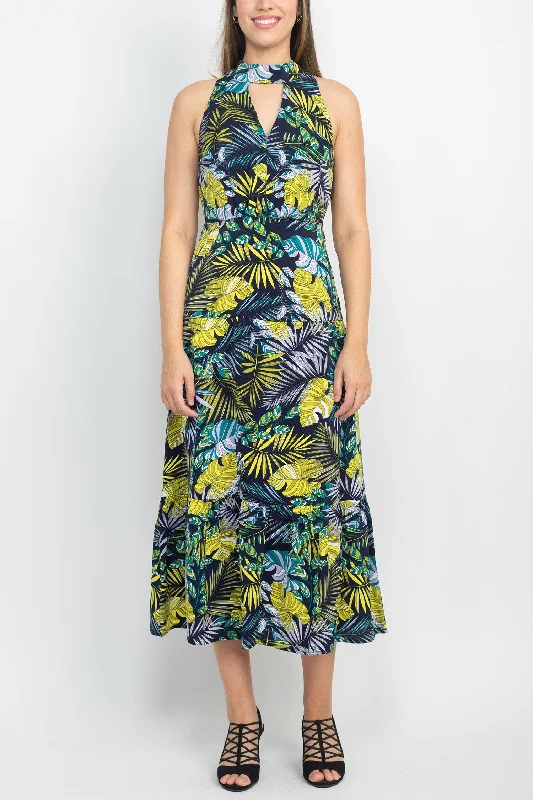 Prairie DressSam Edelman Halter Tie Neck Keyhole Front Sleeveless Elastic Waist Multi Print Satin Dress