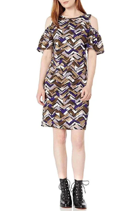 Leather DressNine West Scoop Neck Cutout Shoulder Short Sleeve Zipper Back Multi Print Scuba Dress