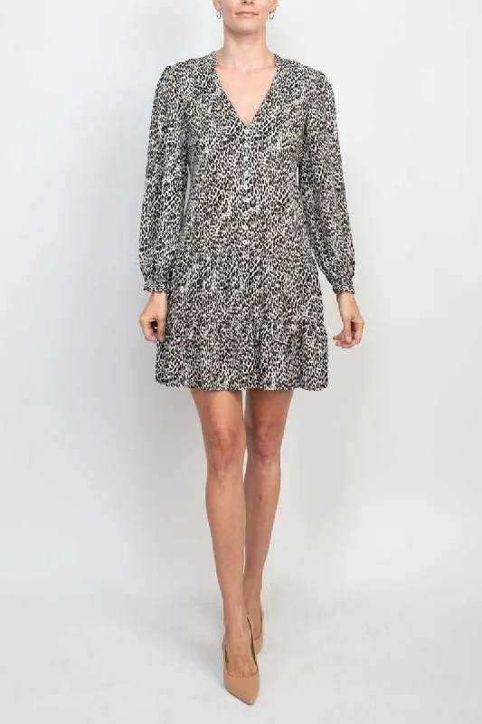 Ballet DressEmma & Michele Stand Collar V-Neck Long Sleeve Button Cuff Animal Print Chiffon Short Shift Dress