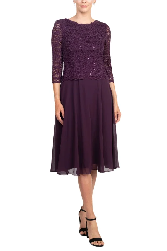 School DressAlex Evenings Jewel Neck 3/4 Sleeve Embellished Lace Bodice Zipper Back Solid Tea-Length Lace & Chiffon Dress