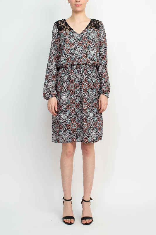 Cocktail DressEmma & Michele V-Neck Blouson Elastic Waist Long Sleeve Floral Print Crepe Dress