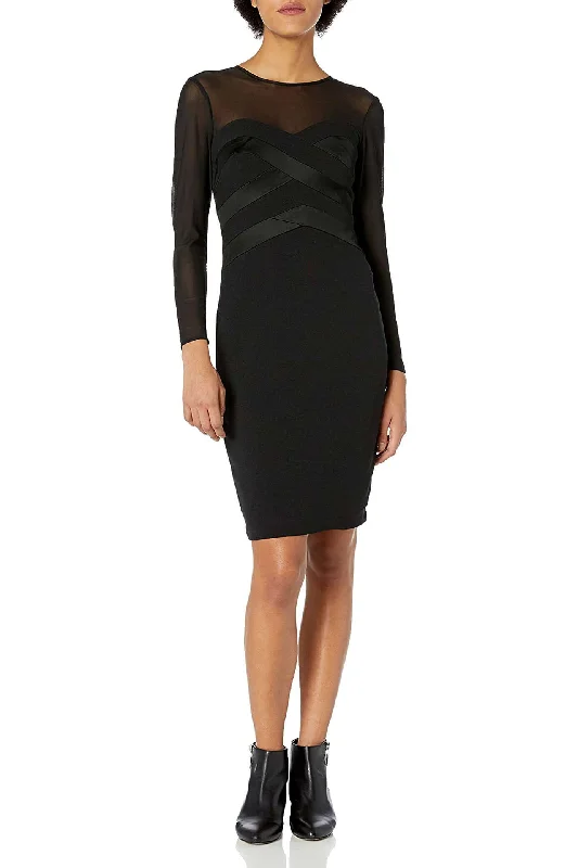 Mini DressTaylor Crew Neck Long Sleeve Crossed Bodycon Keyhole Zipper Back Crepe Mesh Dress