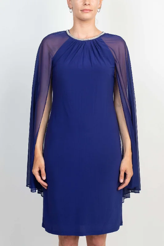 Thermal DressR&M Richards Embellished Crew Neck Cape Sleeve Zipper Back Solid Chiffon Dress