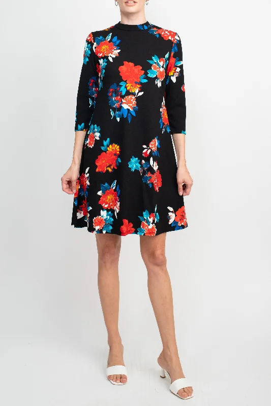 Maxi DressDanillo Crew Neck 3/4 Sleeve A-Line Zipper Back Floral Print Crepe Dress