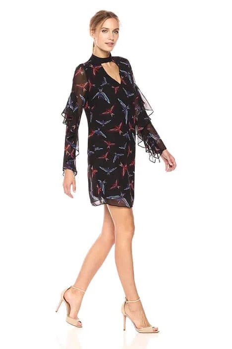 Cocktail DressSam Edelman High Neck Cutout Front Flutter Long Sleeve Zipper Back Bird Print Chiffon Dress