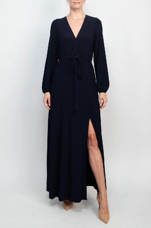 Business DressMarina V-Neck Long Sleeve Slit Front Solid Jersey Long Dress