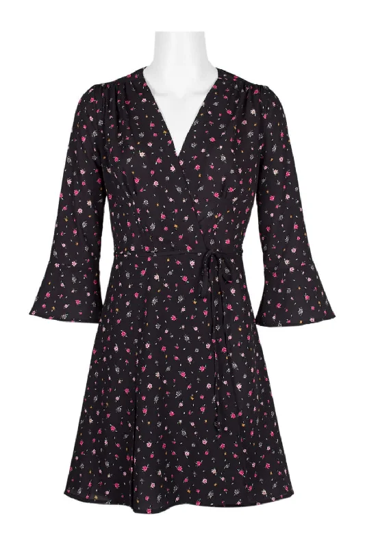 Ethnic DressFrench Connection V-Neck 3/4 Sleeve Pleated Tie Waist Floral Print Faux-Wrap Polyester Dress