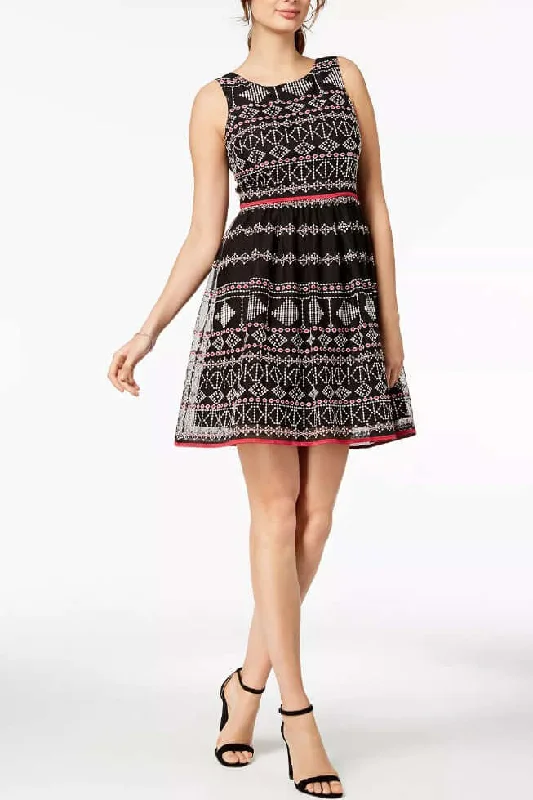 Printed DressTaylor Boat Neck Sleeveless A-Line Piping Detail Zipper Back Multi Print Mesh Dress