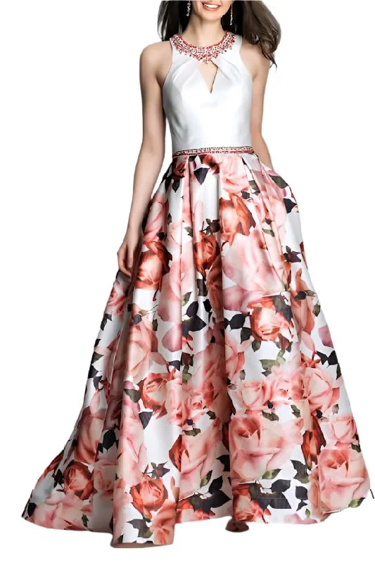 Bridal DressDave & Johnny Embellished Neck Ruched Sleeveless Cutout Back Pleated Floral Print Twill Dress