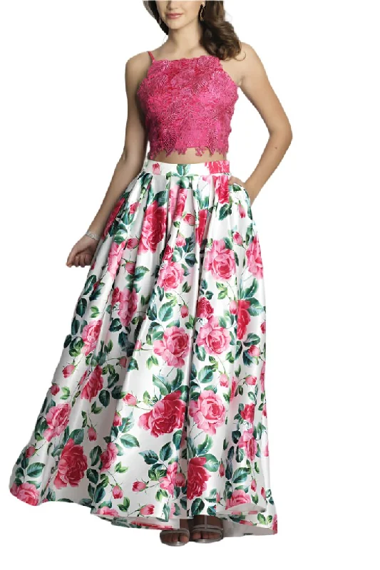 Ball DressDave & Johnny Spaghetti Strap Embellished Floral Embroidered Lace Bodice Pleated Floral Print Mikado Dress