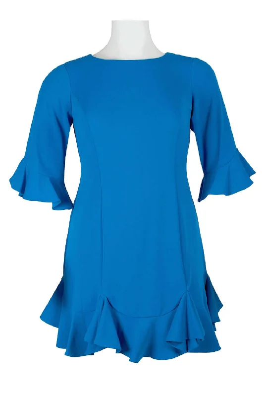 Dance DressAdrianna Papell Crew Neck Circular Flounce Sleeve Zipper Back Flutter Solid Crepe Dress (Plus Size)