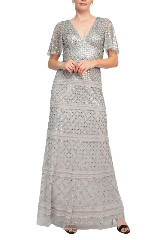 Wedding DressAidan Mattox V-Neck Short Sleeve Beaded Sequined Piping Detail Zipper Back Mesh Dress