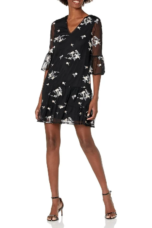 Uniform DressAdrianna Papell V-Neck Circular Flounce Sleeve Illusion Ruched Flutter Floral Embroidered Mesh Dress