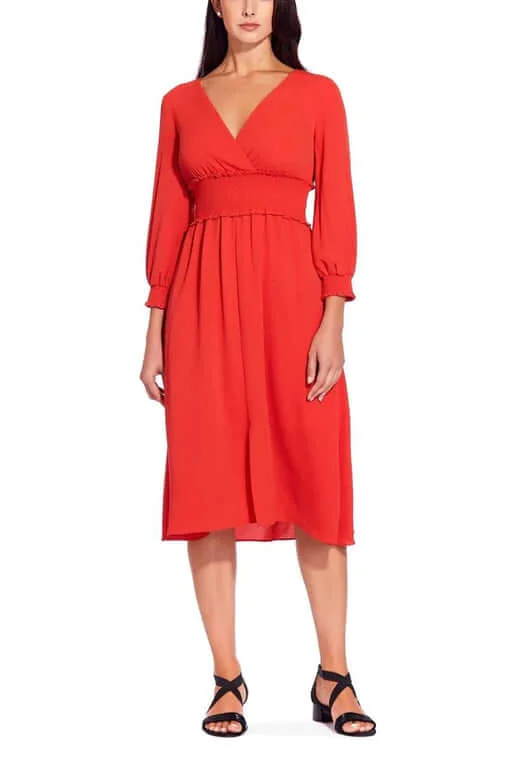 Running DressAdrianna Papell V-Neck Long Sleeve Ruched Flutter Solid Polyester Dress