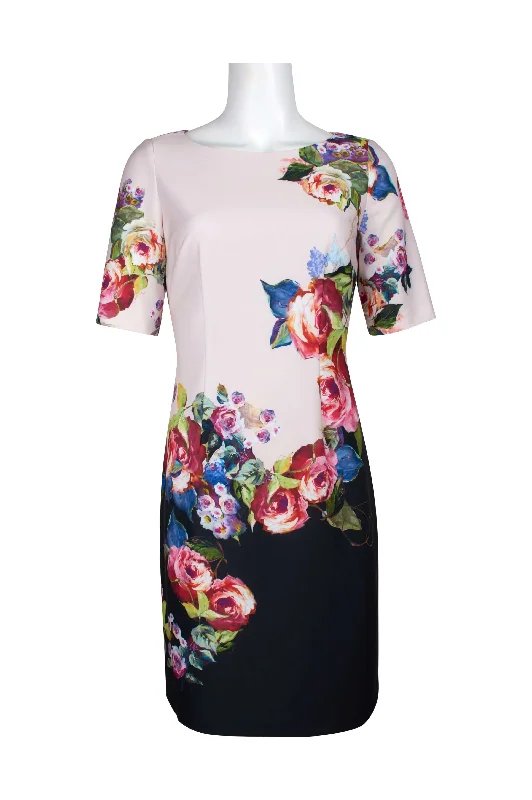 Edwardian DressAdrianna Papell Boat Neck Short Sleeve Bodycon Zipper Back Floral Print Jersey Dress