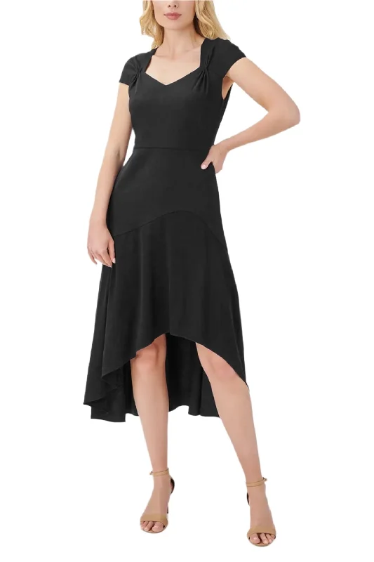 Business DressAdrianna Papell Bertha Neck Cap Sleeve Fit Flare Solid High Low Hem Crepe Dress