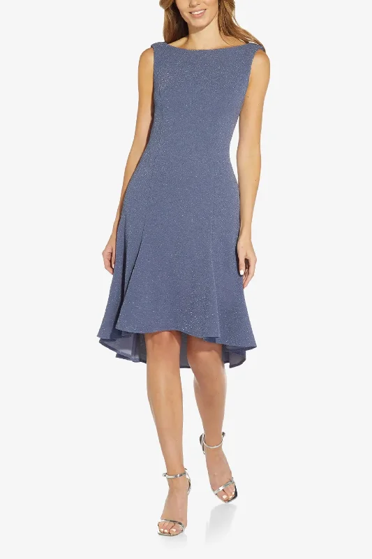 Ball DressAdrianna Papell Boat Neck Sleeveless Cowl Back Solid Fit & Flare Metallic Knit Dress