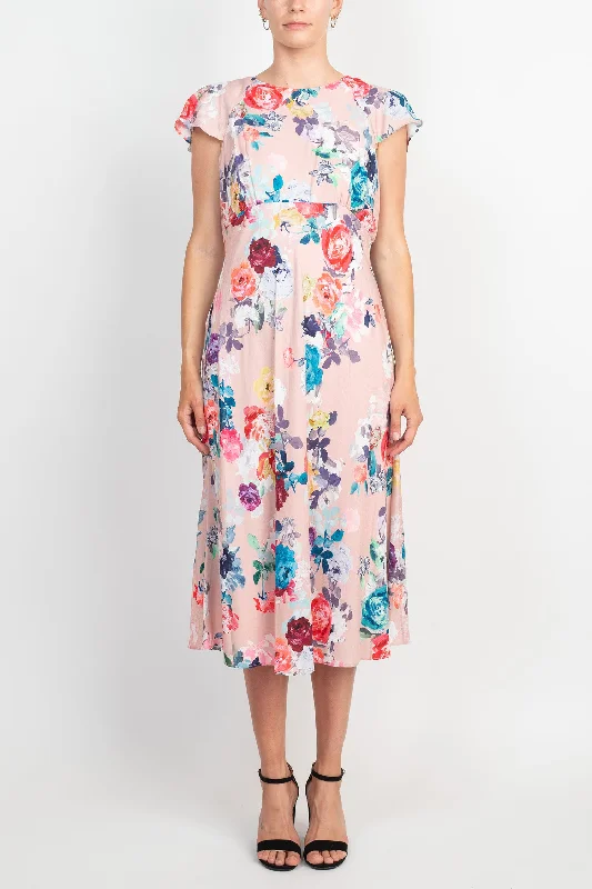 Satin DressAdrianna Papell Jewel Neck Flutter Sleeve & Soft Pleats Floral Print Empire Waist Midi Dress