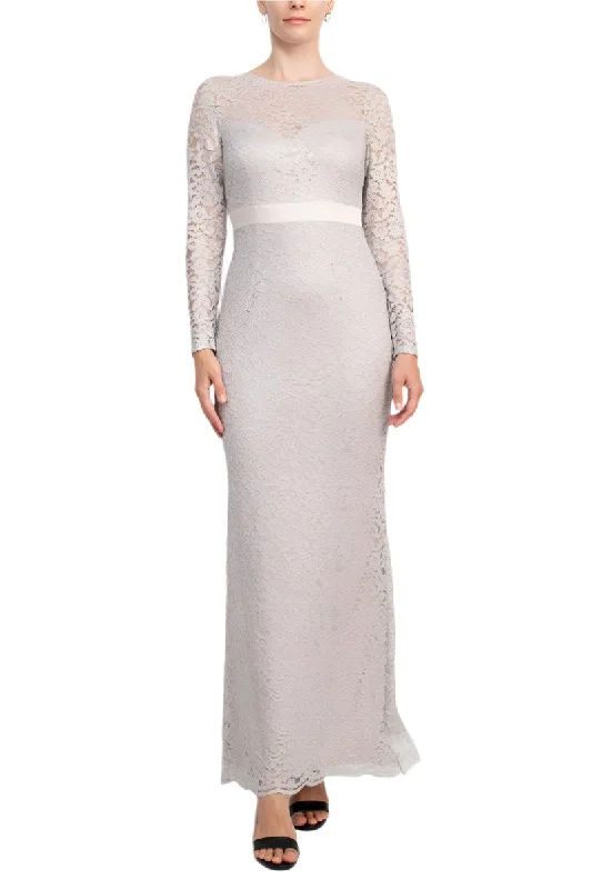 Evening DressAdrianna Papell Crew Neck Long Sleeve Illusion Embellished Keyhole Zipper Back Lace Dress