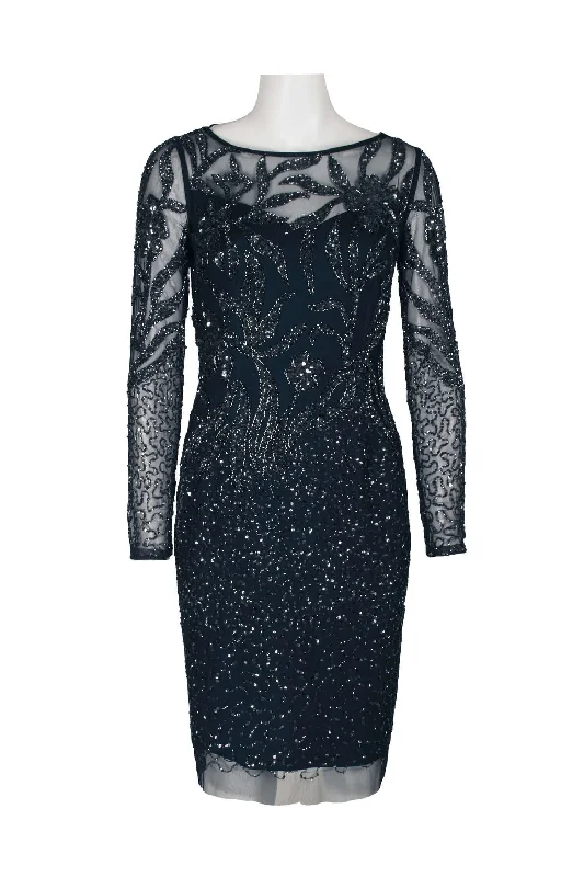 Puff-sleeve DressAdrianna Papell Boat Neck Long Sleeve Illusion Sequined Beaded Zipper Back Bodycon Mesh Dress