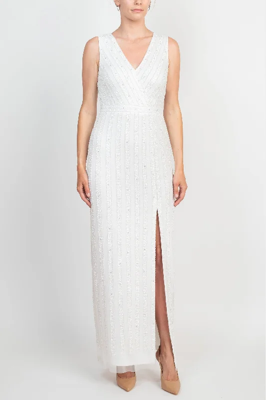 Wrap DressAdrianna Papell V-Neck Beaded & Sequined Sleeveless Banded Waist Slit Front Zipper Back Mesh Dress